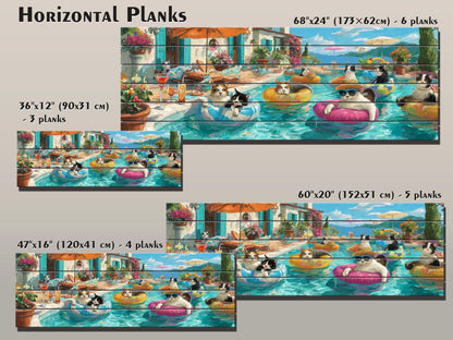 Funny Cat Wall Art – Playful Cat Pool Party Print on Rustic Wood Decor
