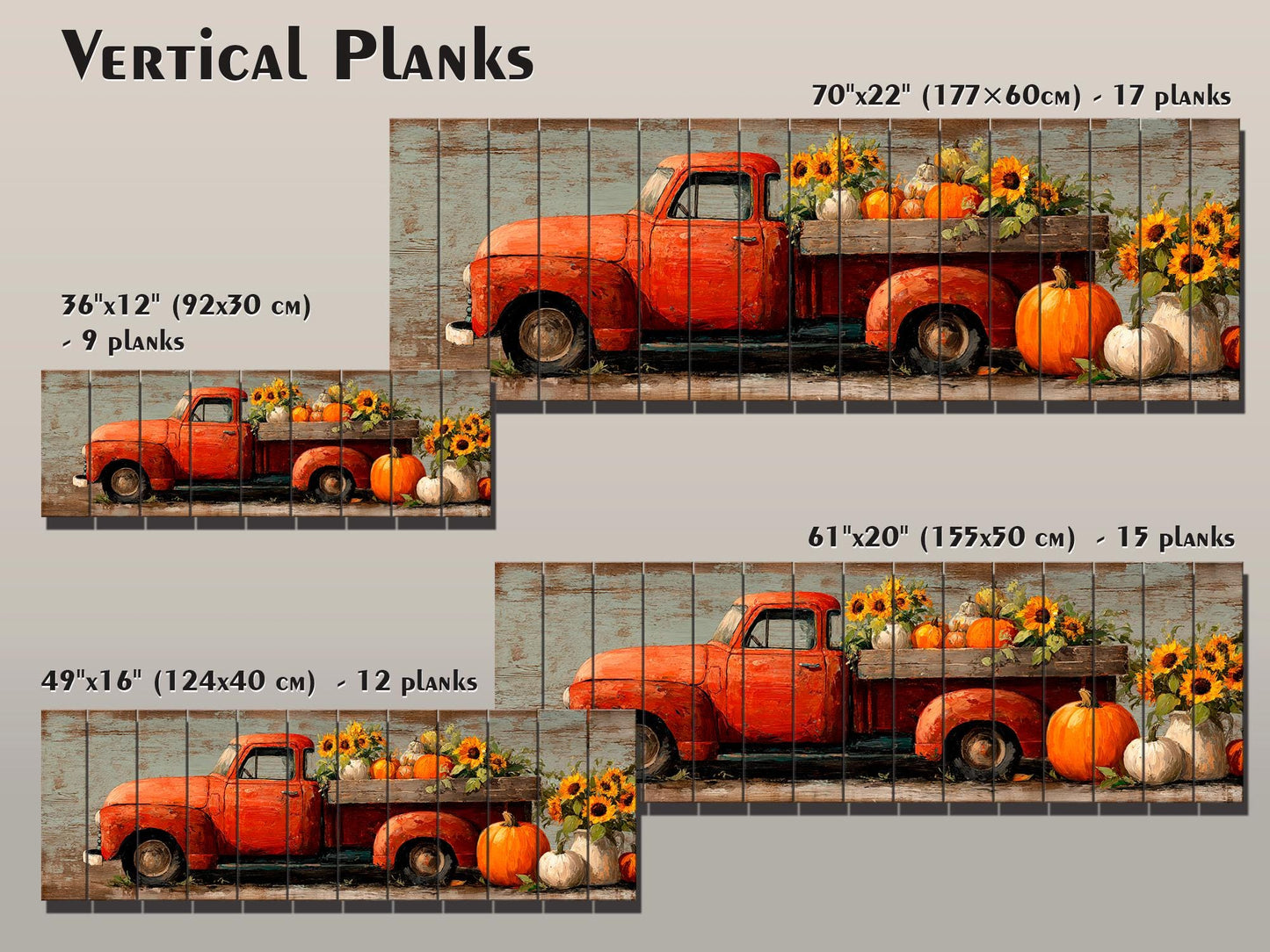 Rustic Wood Wall Art - Vintage Pickup Truck Print on Wood Plank with Pumpkins & Sunflowers