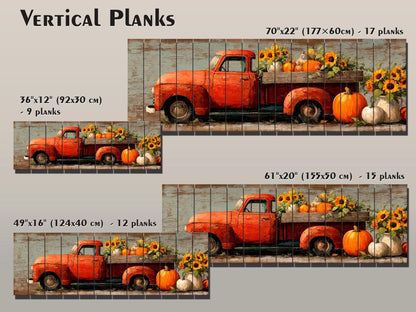 Rustic Wood Wall Art - Vintage Pickup Truck Print on Wood Plank with Pumpkins & Sunflowers