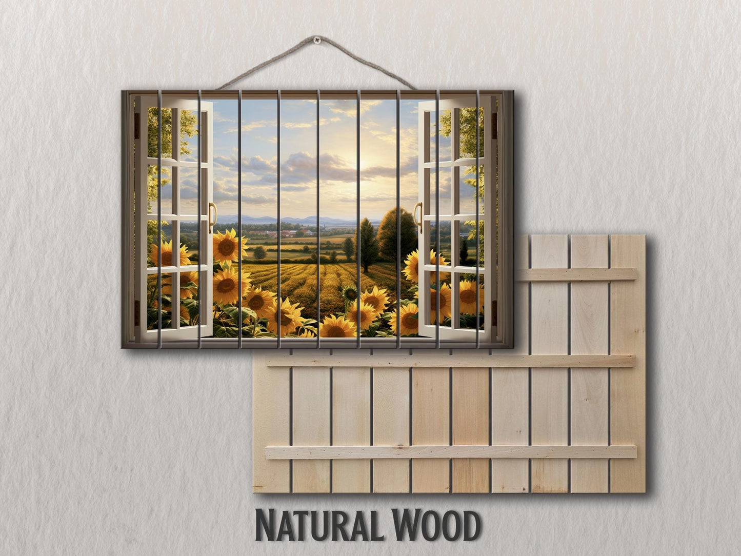Rustic Wood Wall Art – Sunflowers Wall Art with Open Window Field View Print