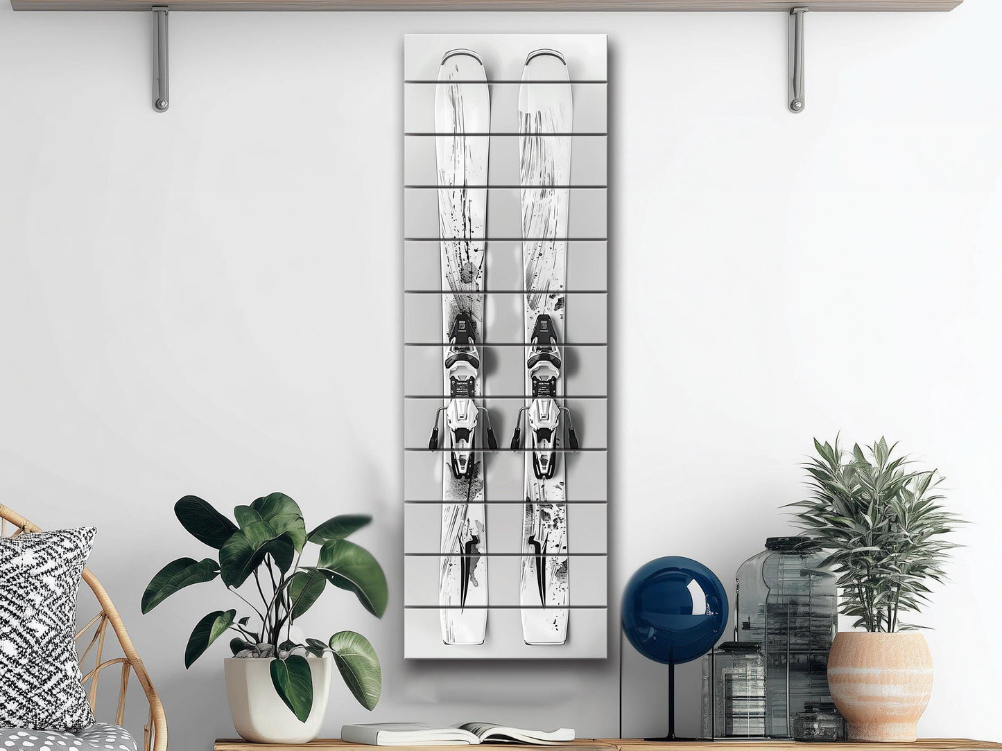 Minimalist Ski Print on Wood, Modern Skiing Wall Decor