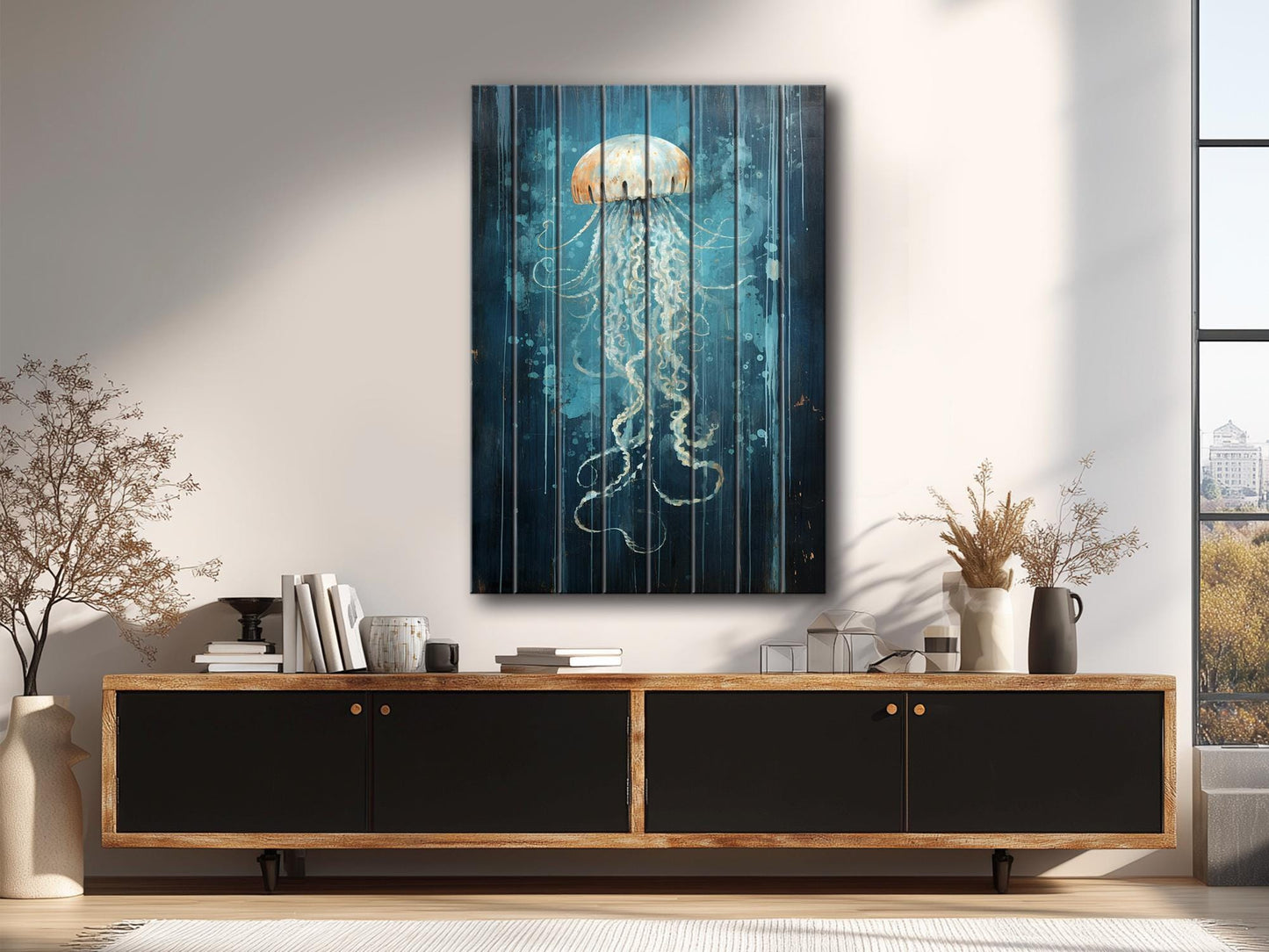 Rustic Wall Art – Natural Wood Jellyfish Print | Fade Resistant, Ready to Hang