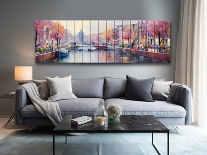 Amsterdam Wood Wall Art – Rustic Abstract Skyline Print on Natural Wood Texture