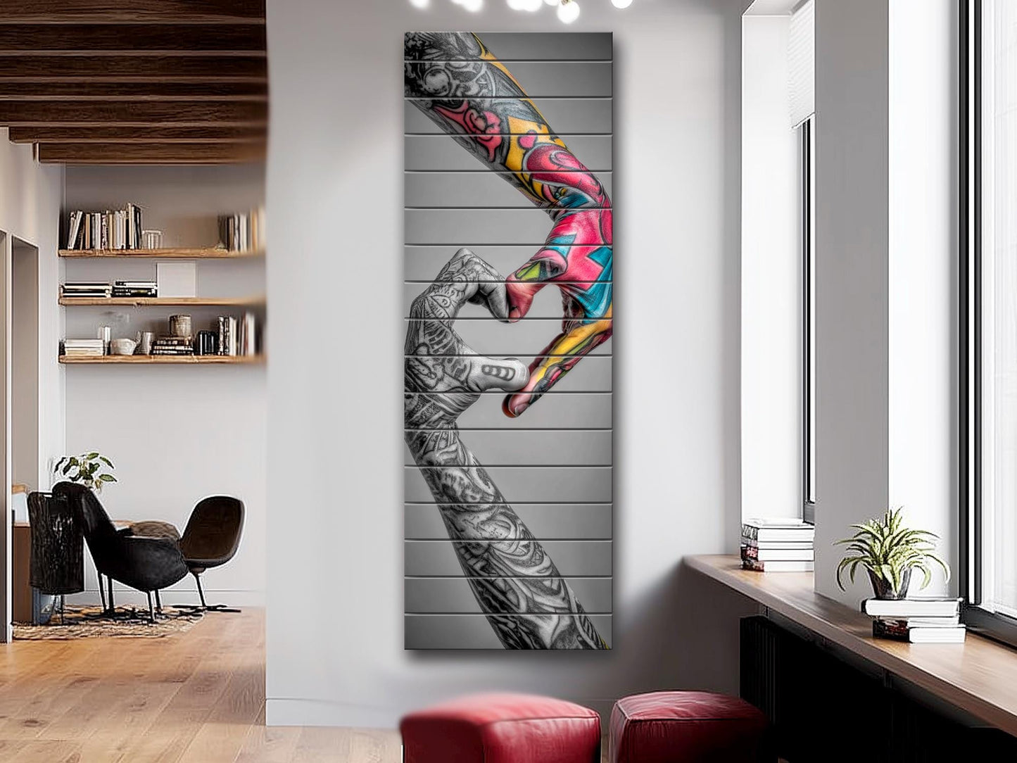Tattooed Hands Print – Modern Love Art on Wood | Unique Tattoo Wall Decor