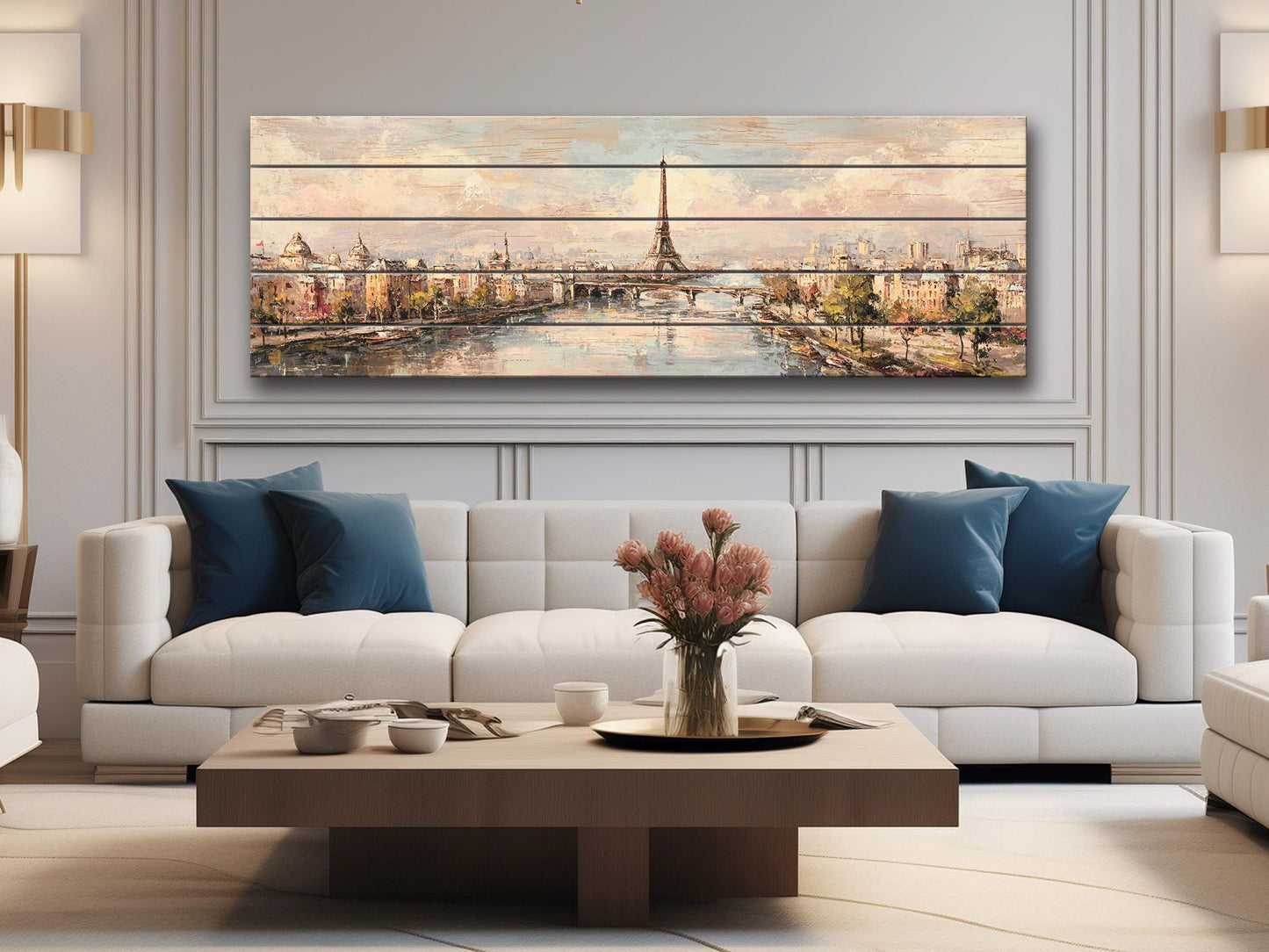 Paris Wall Art – Eiffel Tower Painting on Rustic Wood | Beige Pastel Oil Print
