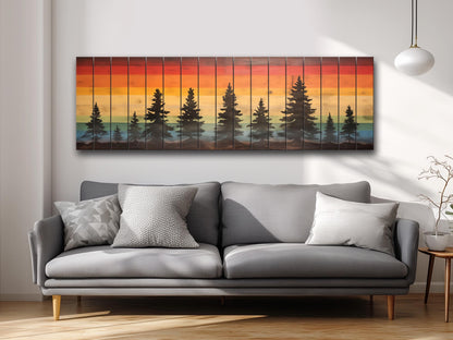 Wooden Forest Wall Art – Colorful Sunset Pine Tree Print on Natural Wood Planks