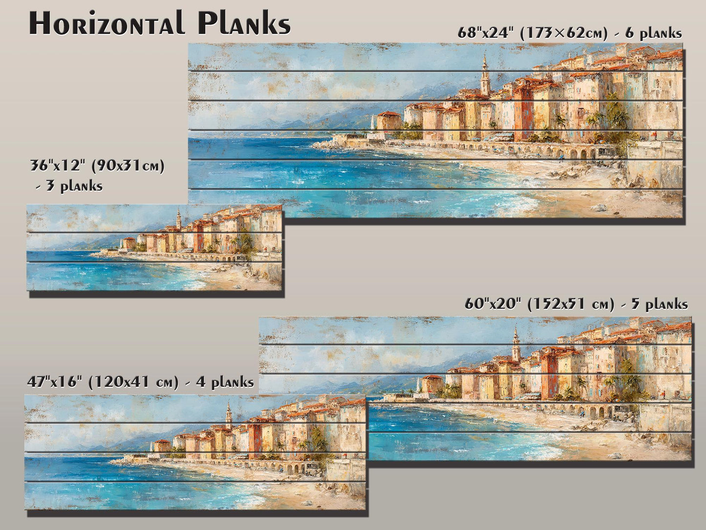 French Riviera Wall Art – Beige Pastel Oil Painting on Wood Planks