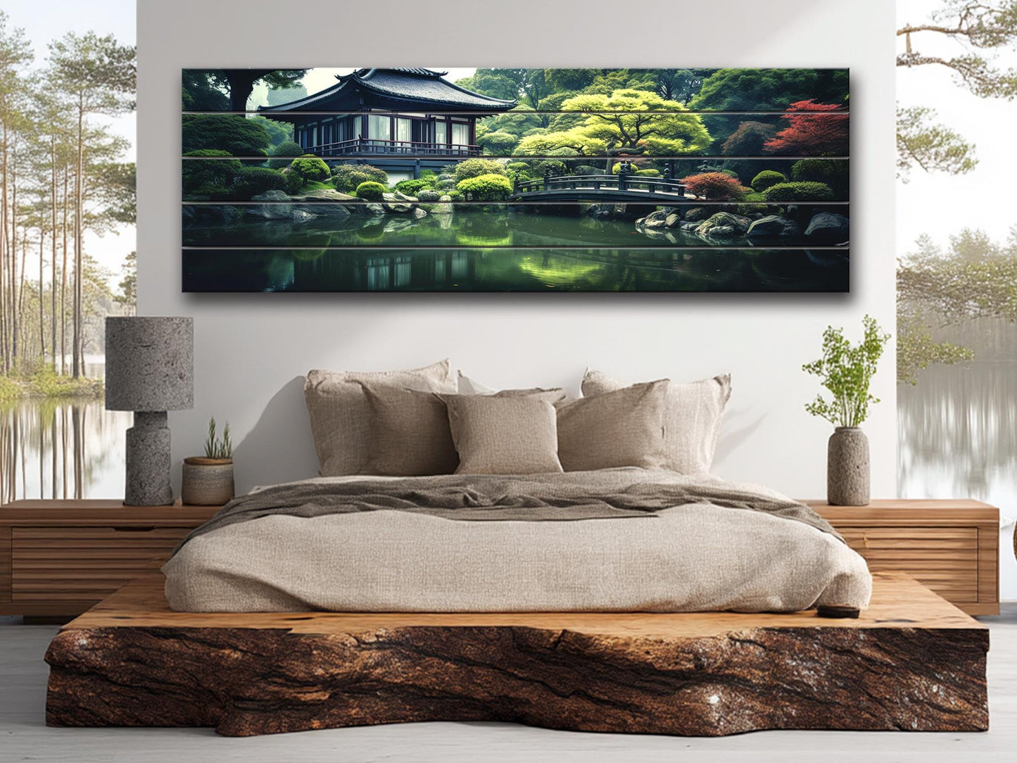 Japanese Wooden Wall Art – House by Pond Print on Natural Wood Panel