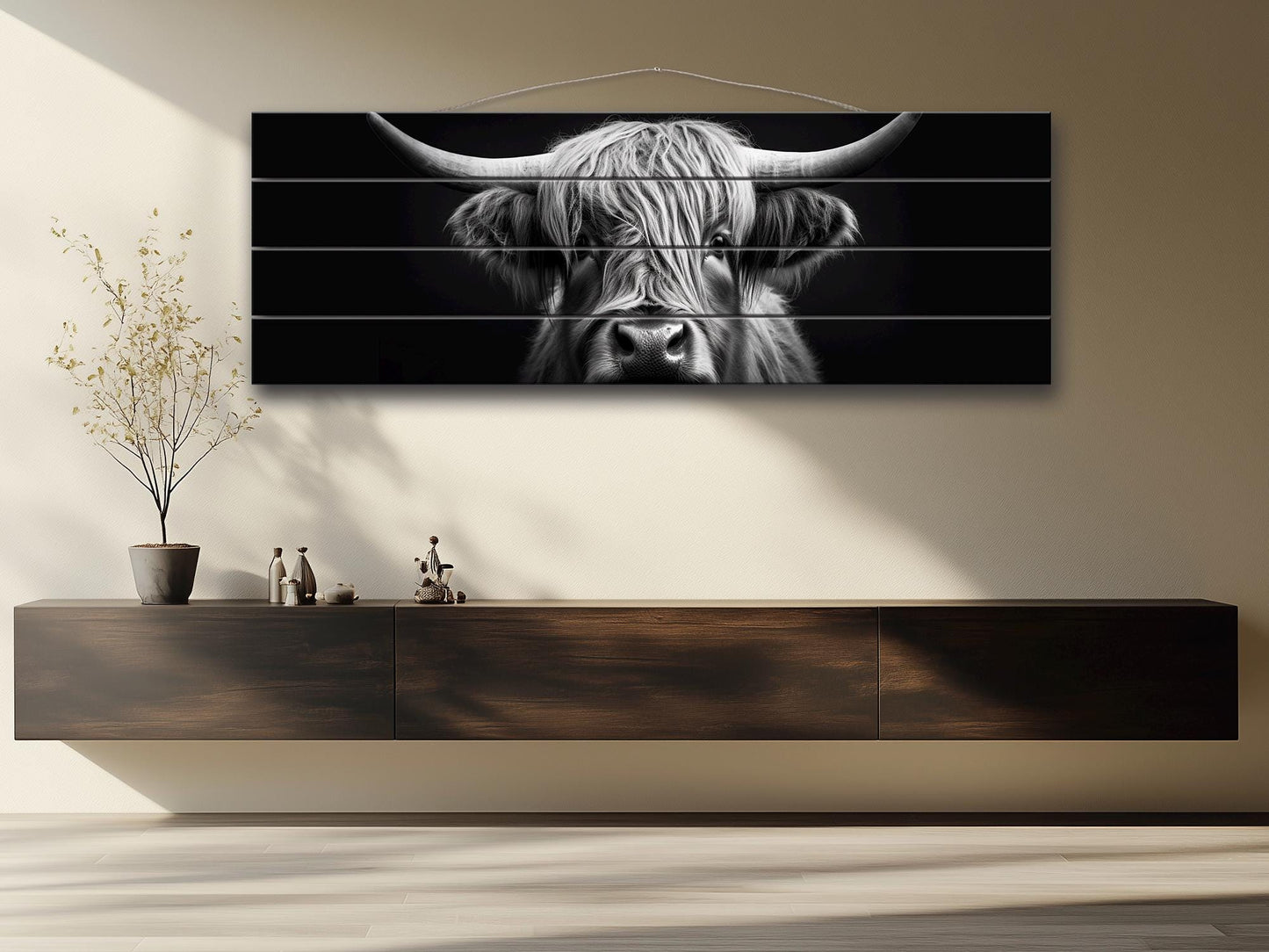Highland Cow Wall Art – Rustic Farmhouse Wood Decor | Black And White Cow Print