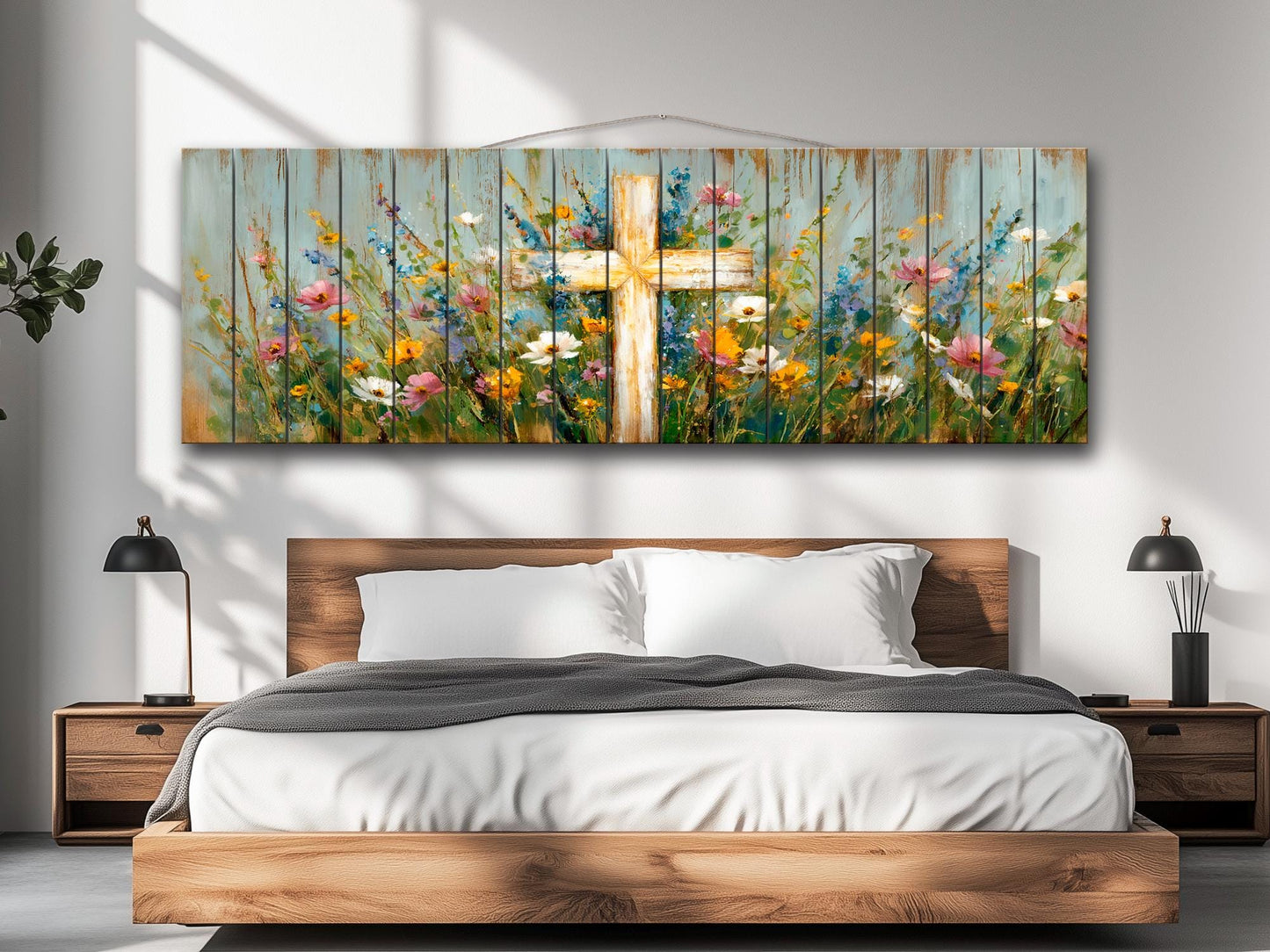 Christian Wood Wall Art – Rustic Cross Painting | Handcrafted Wildflower Wood Plank Artwork