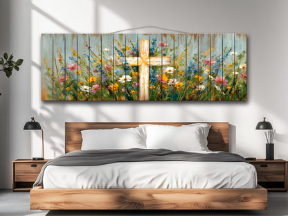 Christian Wood Wall Art – Rustic Cross Painting | Handcrafted Wildflower Wood Plank Artwork