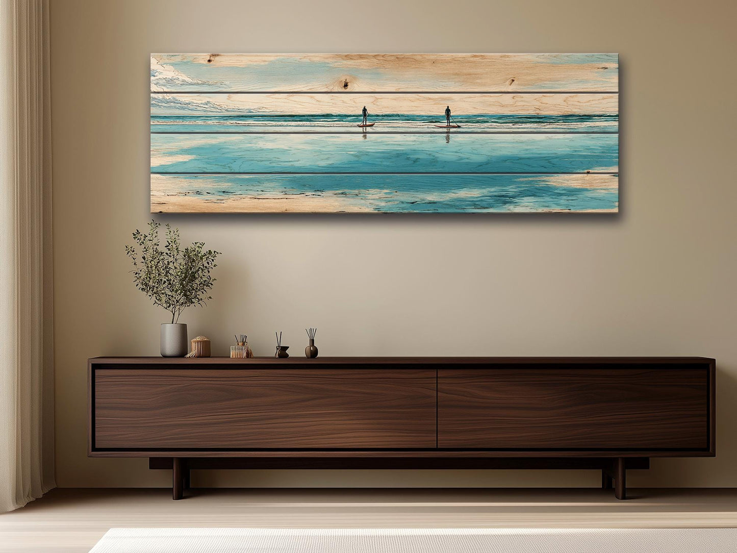 Paddleboarding Wall Art – Nautical Coastal Print on Natural Wood | Rustic Beach House Decor
