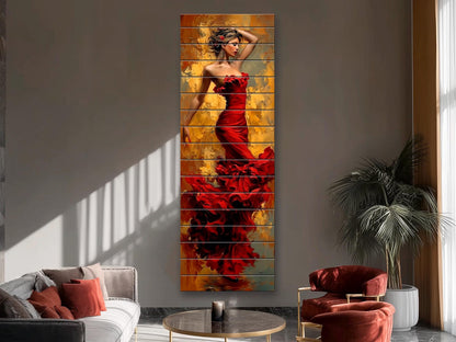 Elegant Woman in Red Dress Print on Wood – Lady in Red Oil Painting Style