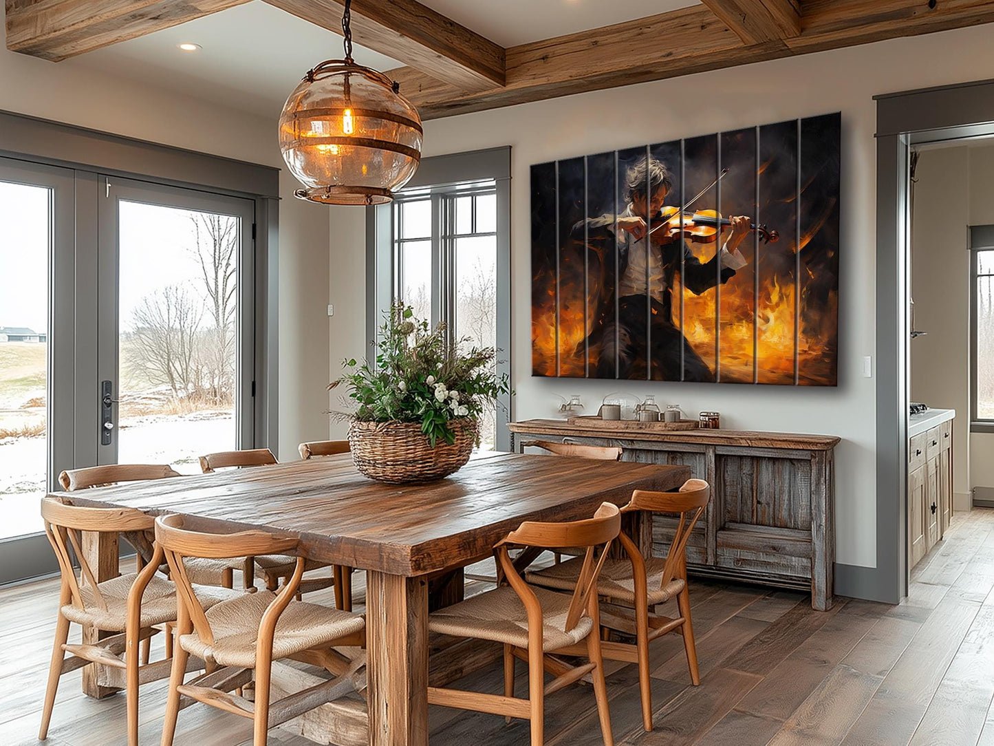 Violin Wall Art – Abstract Violinist Painting on Natural Wood Plank Art