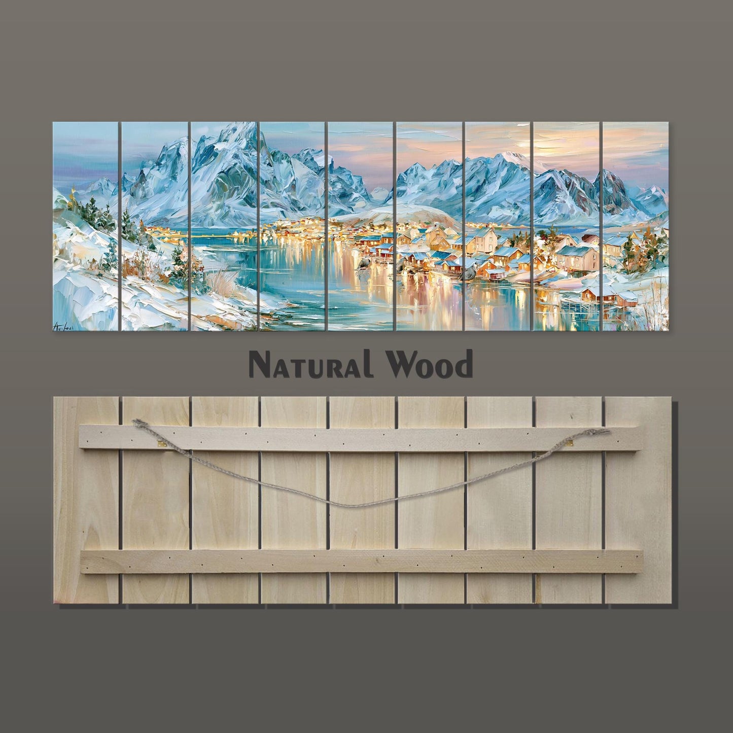 The image is a collage of multiple images depicting a snowy mountain landscape with a village in the background. The collage is titled "Natural Wood" and is displayed on a wooden board.