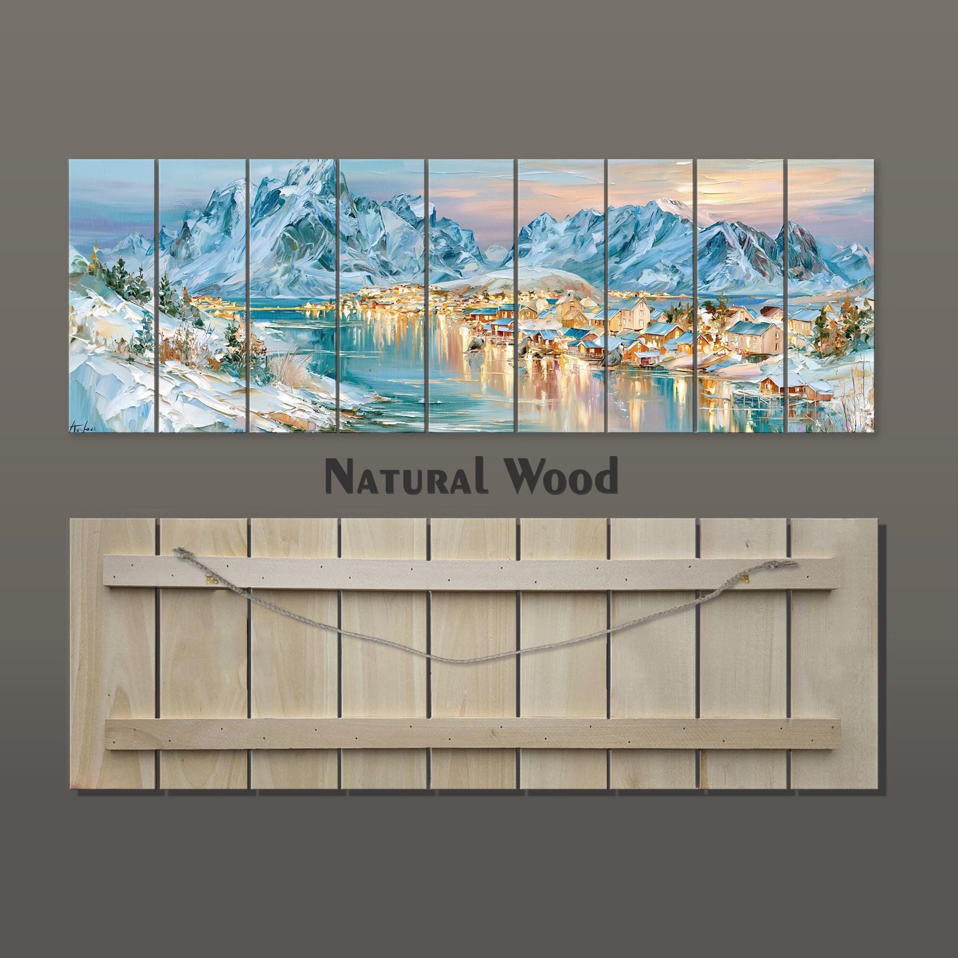 The image is a collage of multiple images depicting a snowy mountain landscape with a village in the background. The collage is titled "Natural Wood" and is displayed on a wooden board.