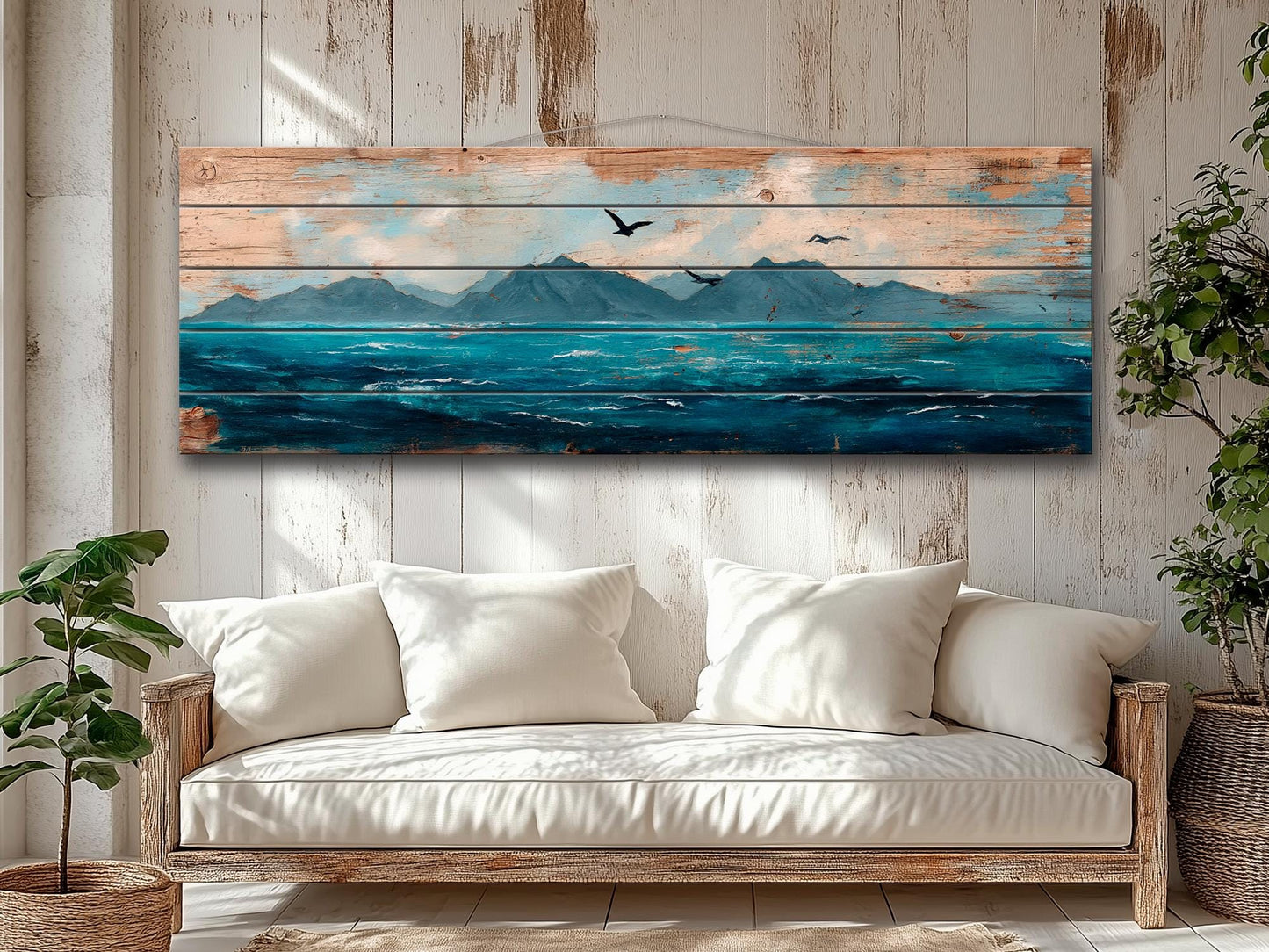 Scenic Wood Wall Art - Ocean with Mountains and Seagulls Painting Printed on Natural Wood, Nautical Wall Art, Rustic Sea Painting Print