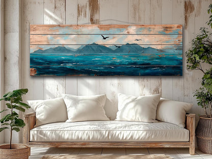 Scenic Wood Wall Art - Ocean with Mountains and Seagulls Painting Printed on Natural Wood, Nautical Wall Art, Rustic Sea Painting Print