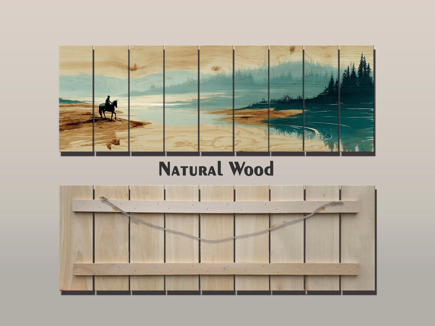 Horse River Wall Art – Rustic Cabin Wood Plank Artwork With Calm Water Landscape