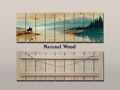 Horse River Wall Art – Rustic Cabin Wood Plank Artwork With Calm Water Landscape