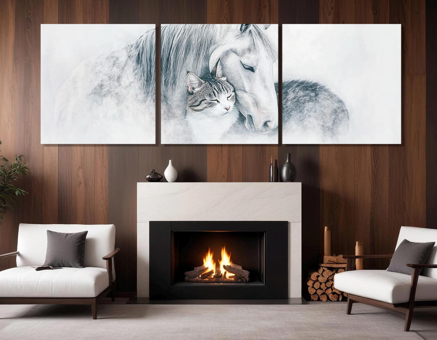 Horses And Cat Canvas - Framed Cotton Canvas Print | Minimalist Wall Art Decor
