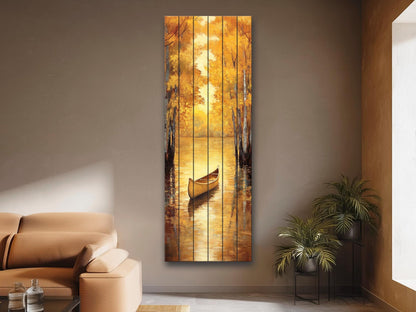 Canoe Painting Printed on Natural Wood – Golden Autumn Lake Scene – Rustic Cabin Wall Decor, Wood Wall Art