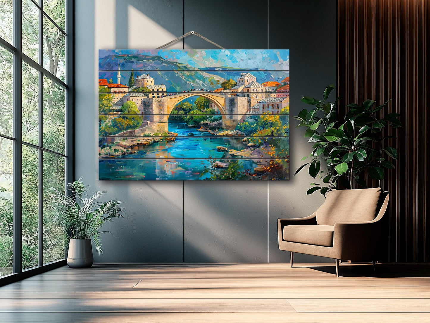 Bosnia Old Bridge Print on Wood, Rustic Mostar Bridge Painting, Bosnia and Herzegovina Wall Art, Bosnia Bridge Wood Print, Wood Wall Art
