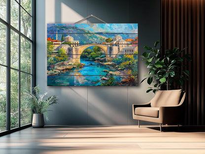 Bosnia Old Bridge Print on Wood, Rustic Mostar Bridge Painting, Bosnia and Herzegovina Wall Art, Bosnia Bridge Wood Print, Wood Wall Art