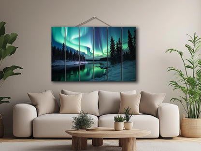 Northern Lights Wall Art – Wooden Wall Decor with Aurora Borealis Landscape