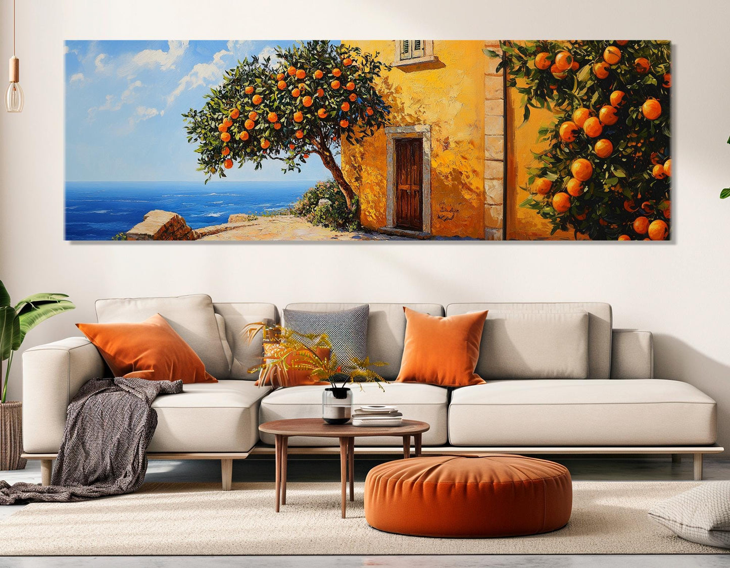 Mediterranean Canvas Print – Scenic Sea Coast Painting with Orange Trees | Framed Wall Art