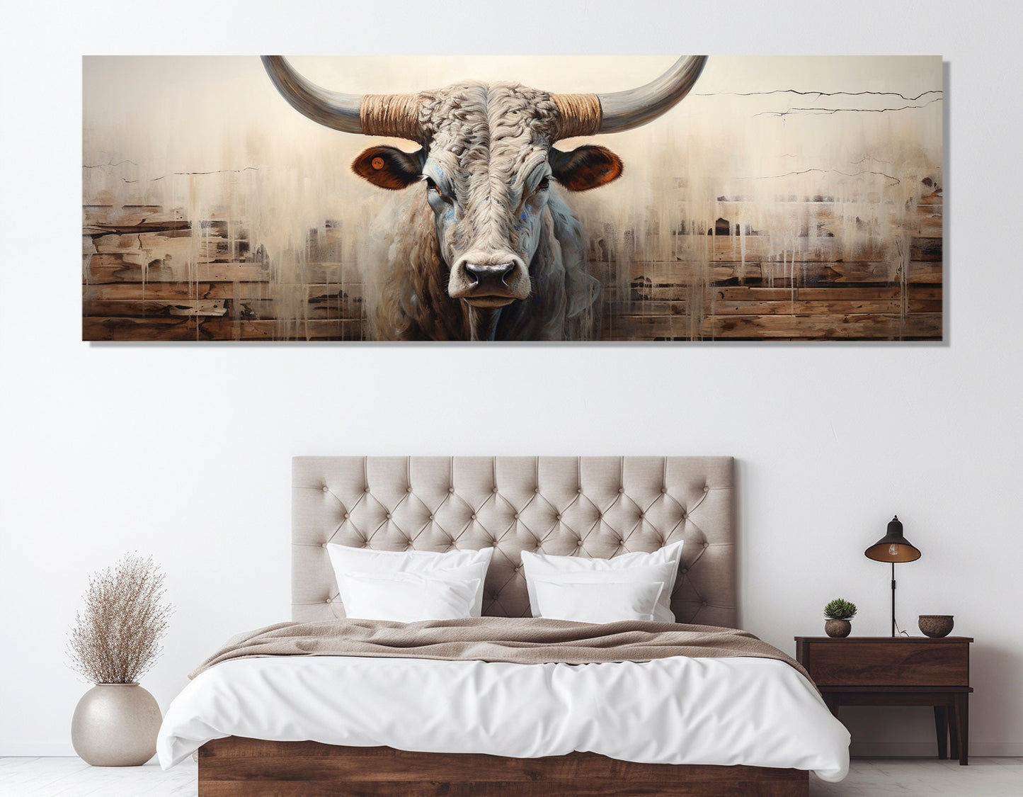 Abstract Longhorn Cow Canvas Print, Large Cow Portrait Painting, Modern Wall Art, Framed and Ready to Hang