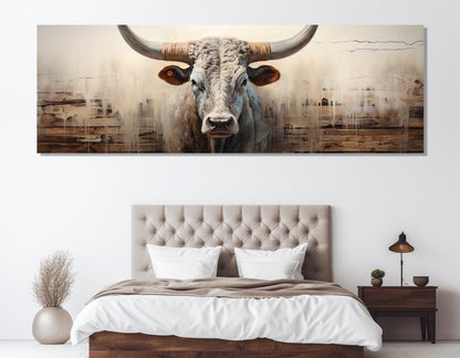 Abstract Longhorn Cow Canvas Print, Large Cow Portrait Painting, Modern Wall Art, Framed and Ready to Hang