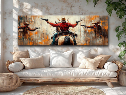 Wild West Wall Art - Retro Style Cowboys Painting Printed on Natural Wood, Western Wall Decor, Western Movie Lover Gift, Wild West Print