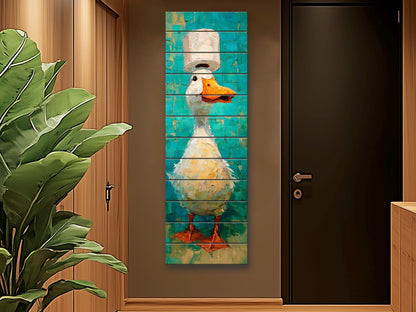 Cute Duck Print on Wood - Whimsical Bathroom Wall Art with Teal and Cream