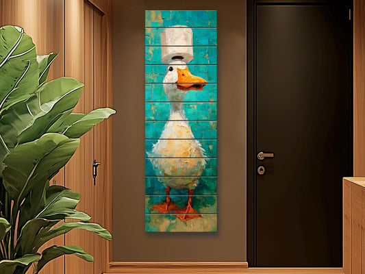 Cute Duck Print on Wood - Whimsical Bathroom Wall Art with Teal and Cream