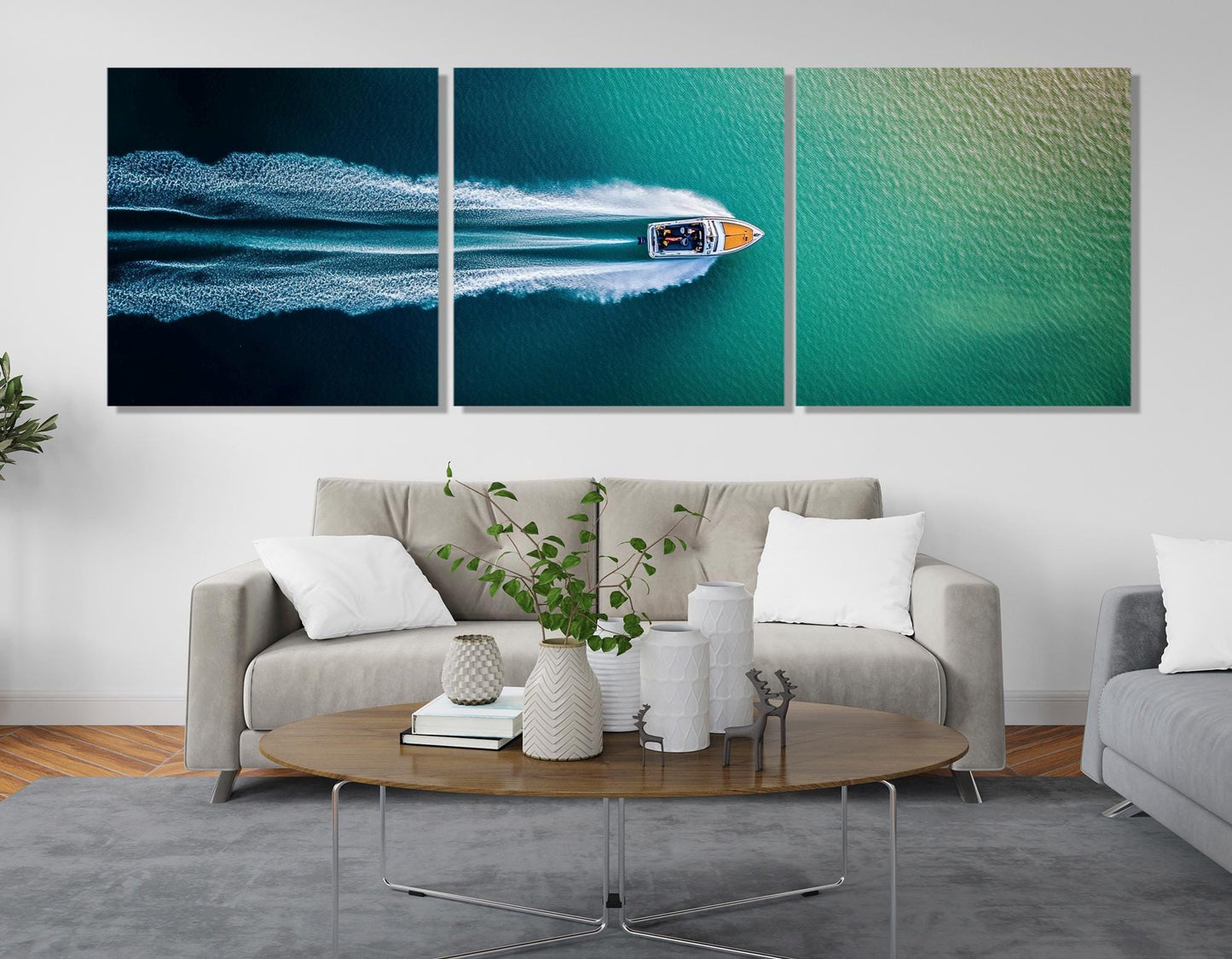 Minimalist Seascape Canvas - Framed Canvas Print | Aerial Motor Boat Artwork