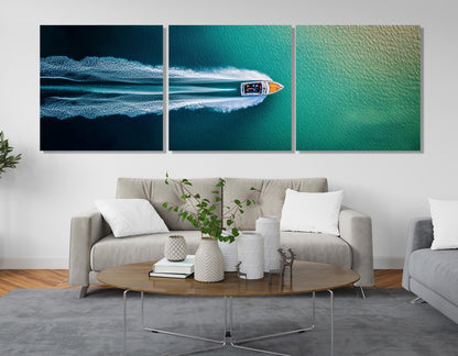 Minimalist Seascape Canvas - Framed Canvas Print | Aerial Motor Boat Artwork