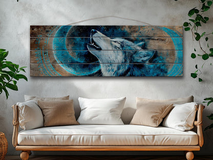 Wolf Howling on Full Moon Print on Natural Wood, Rustic Howling Wolf Painting, Native American Wall Decor, Wolf Wall Art, Tribal Wall Decor