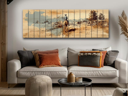 Cowboy Wall Art – Lone Rider Prairie Painting on Rustic Wood Print