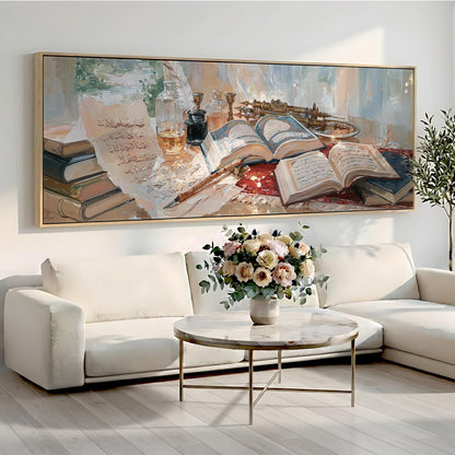 a large painting of a table with a vase of flowers, books, and other objects, hanging on a wall above a white sofa and a round coffee table.