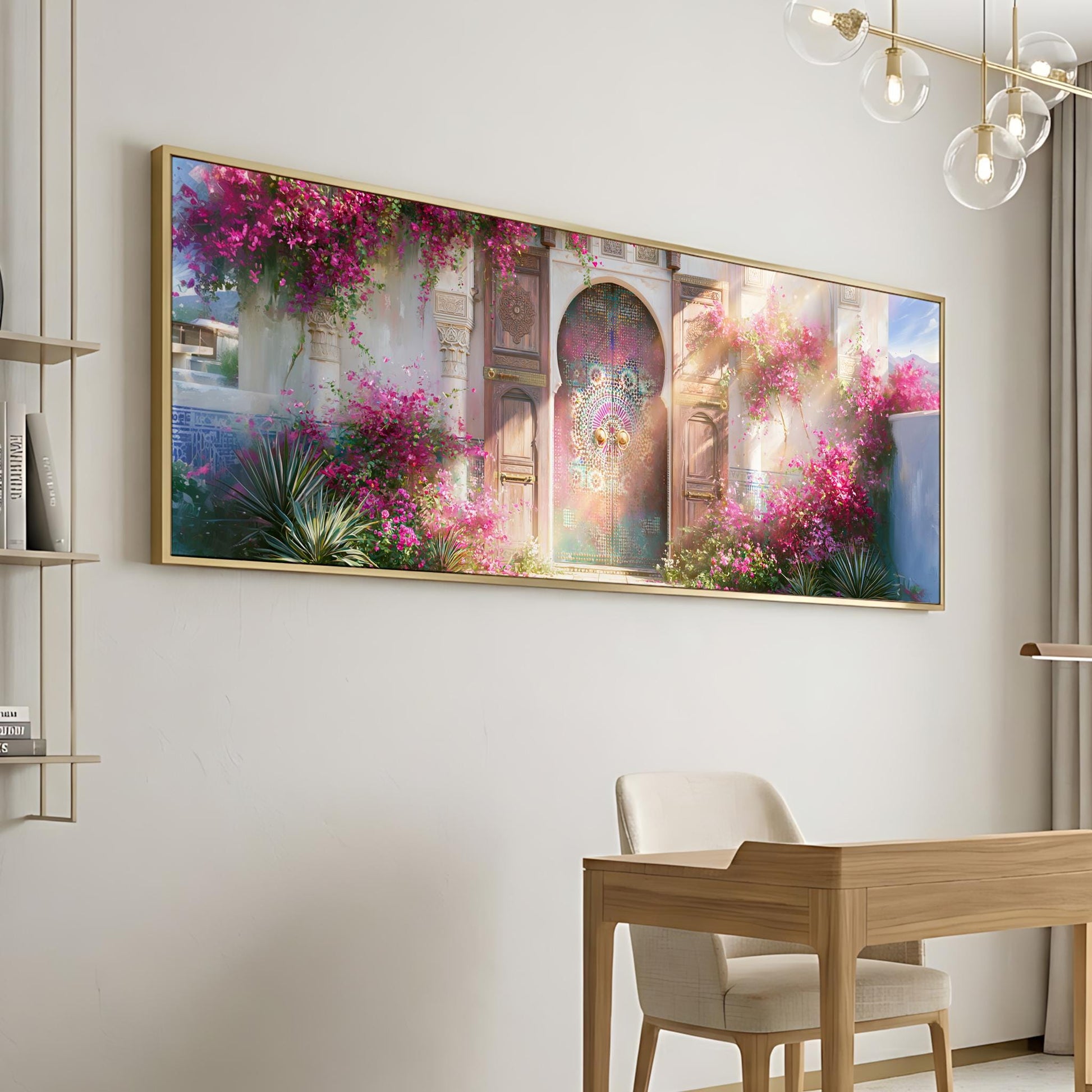 a large, framed painting of a colorful, floral-filled archway, hanging on a white wall.