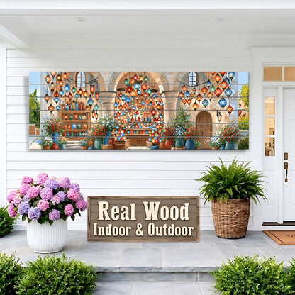 a large, colorful painting of a building with hanging lanterns on the exterior wall of a house. The painting is displayed on the wall above a wooden sign that reads "Real Wood Indoor & Outdoor". The house has a white exterior and a porch with potted plants.