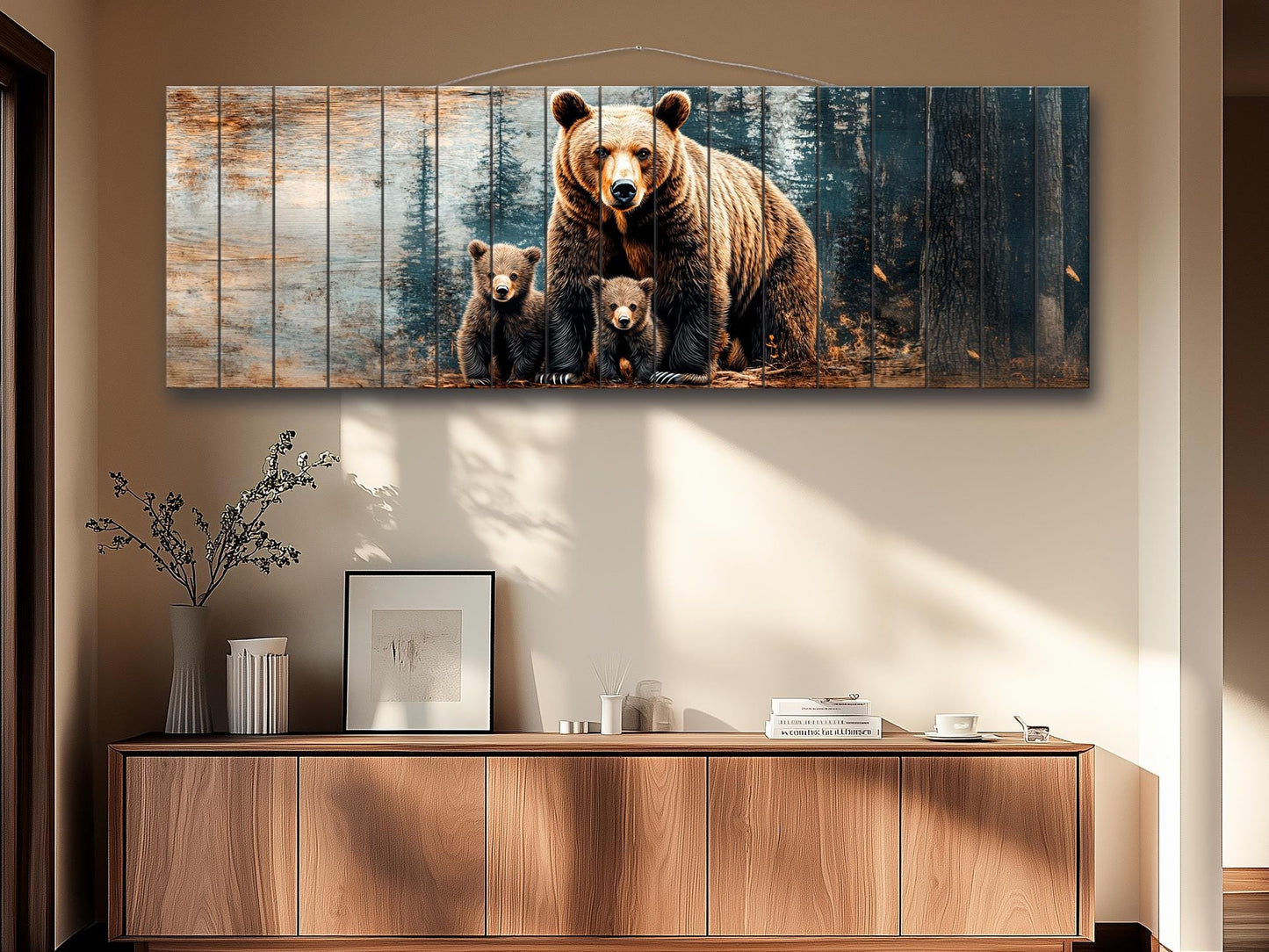 Grizzly Bear Wall Art - Rustic Wood Print with Bear Family Painting on Natural Wood Planks