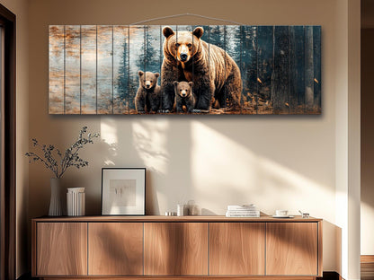 Grizzly Bear Wall Art - Rustic Wood Print with Bear Family Painting on Natural Wood Planks