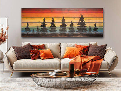 Wooden Forest Wall Art – Colorful Sunset Pine Tree Print on Natural Wood Planks