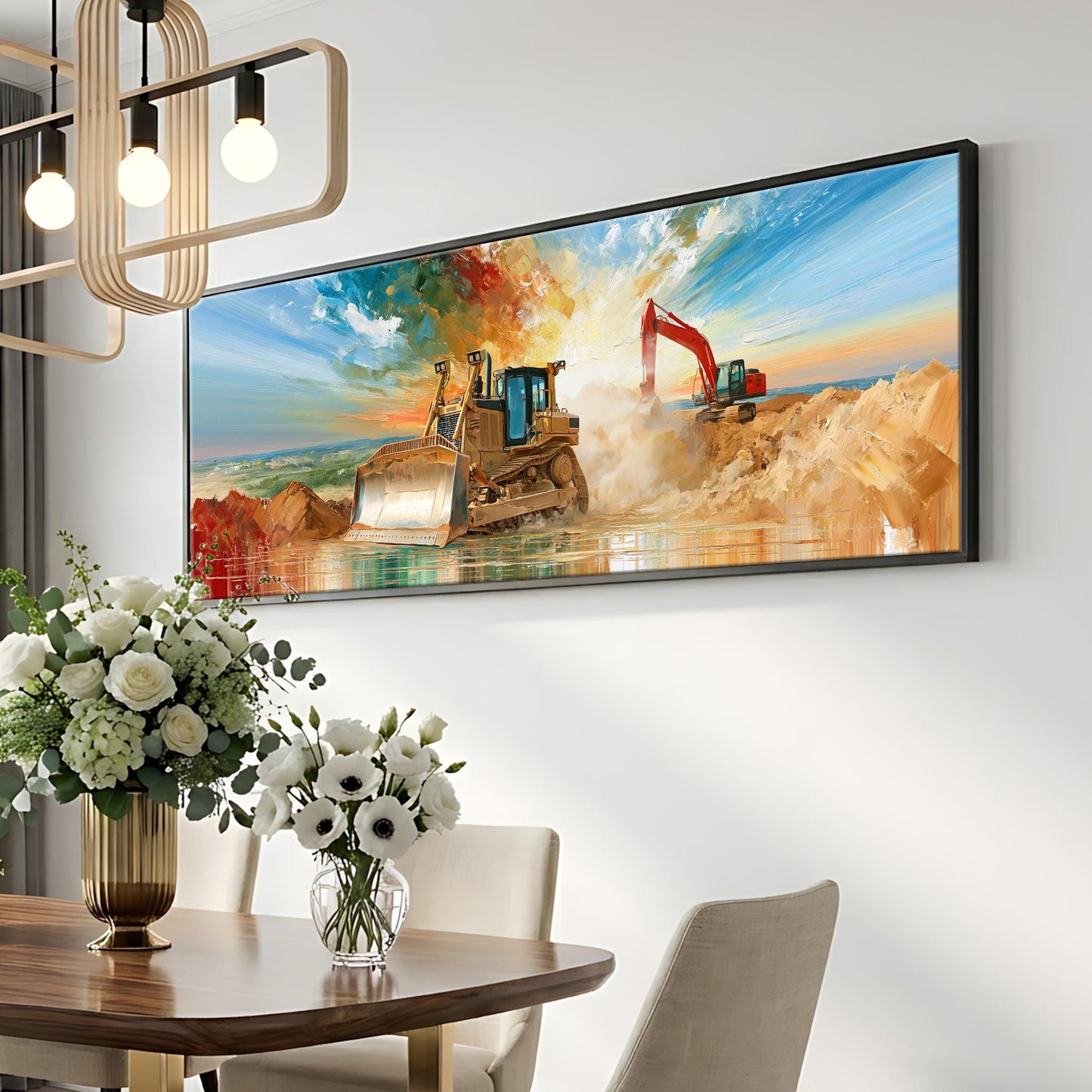 a large painting of a construction site with a bulldozer and excavator, hanging on a wall above a dining table with a vase of flowers.