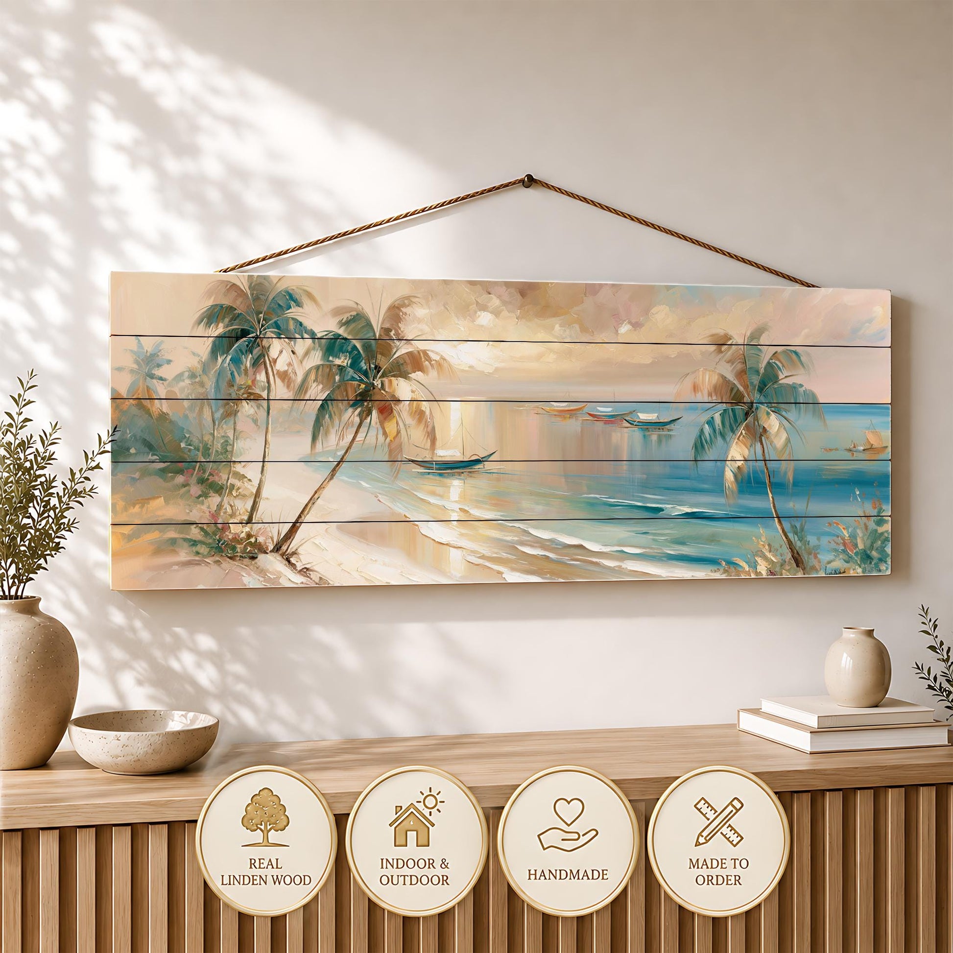 a wooden wall art depicting a tropical beach scene with palm trees, a boat, and a sunset over the ocean.