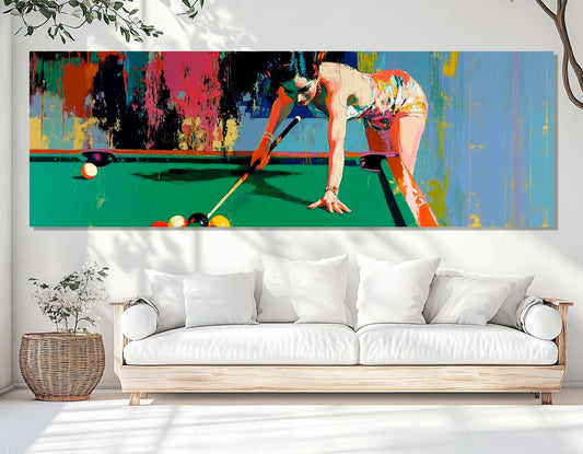 Billiards Wall Art - Lady Playing Billiards Framed Canvas Print | Retro Vintage Decor