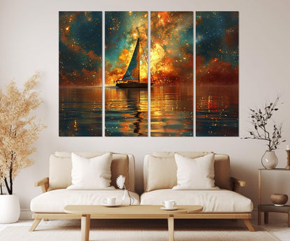 Milky Way Canvas Print – Abstract Galaxy Painting On Cotton Canvas With Sailboat Art