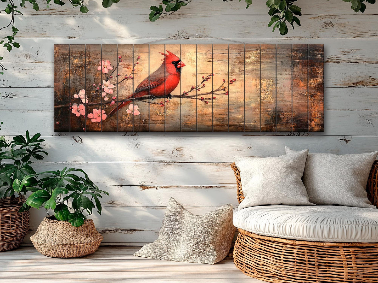 Cardinal Wood Wall Art – Rustic Red Cardinal Painting on Natural Wood Print